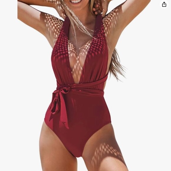 CUPSHE  | Women's One Piece Swimsuit Deep V Neck Crisscross Back| Red | Size: M - Picture 3 of 11
